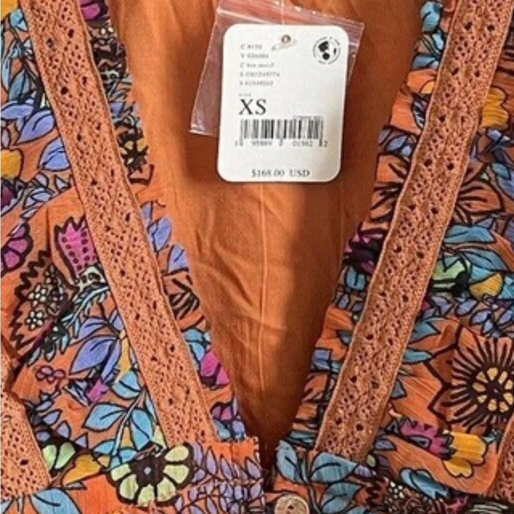 NWT FREE PEOPLE CASSIS PRINTED EMBROIDERED TIERED MAXI DRESS SIZE XS - Picture 3 of 4